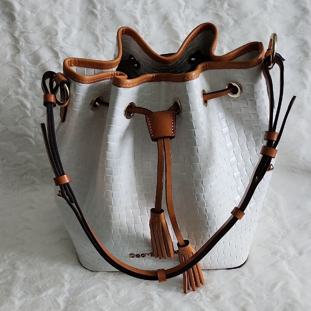 Dooney & Bourke White and Tan Shoulder Bag with Structured Design